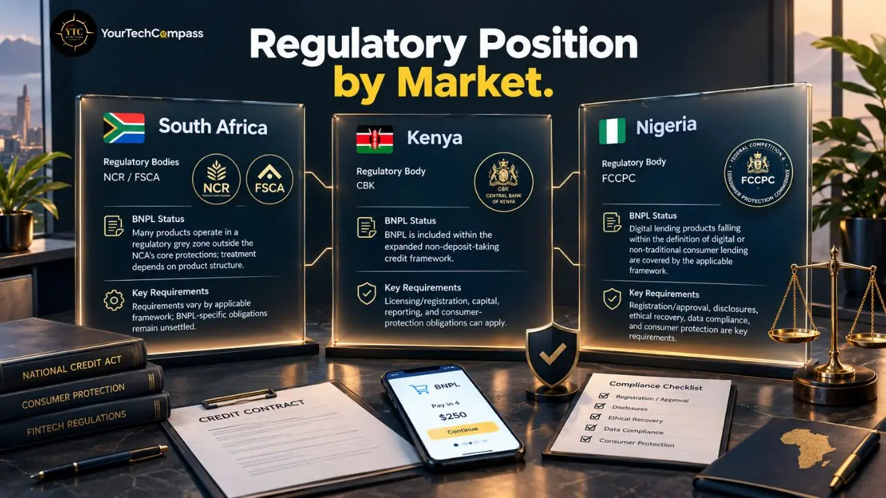 Infographic titled “Regulatory Position by Market” compares South Africa, Kenya, and Nigeria, with regulatory and BNPL details.