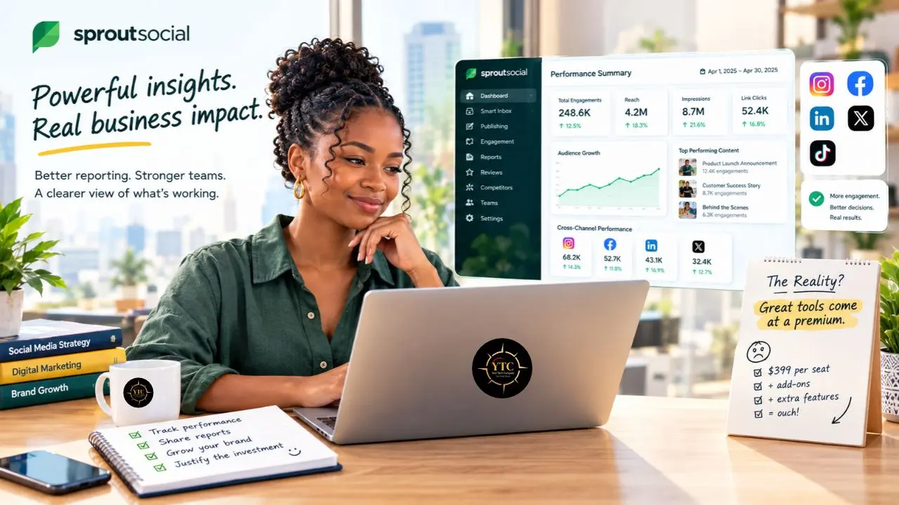 A woman uses a laptop beside a social media performance dashboard; nearby signs read “Powerful insights. Real business impact.” and “Great tools come at a premium.”