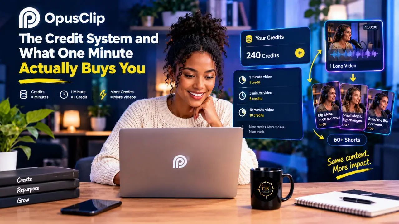 Woman using a laptop beside graphics explaining OpusClip credits, including “240 Credits,” video conversion rates, and “60+ Shorts.”