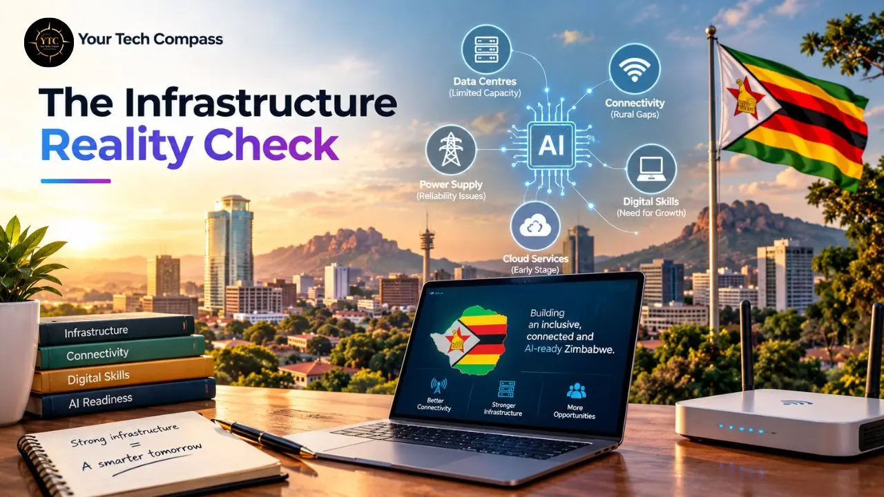 An infographic titled “The Infrastructure Reality Check” shows Zimbabwe’s flag, a laptop, and labels for connectivity, power, data centres, cloud services, digital skills, and AI readiness.