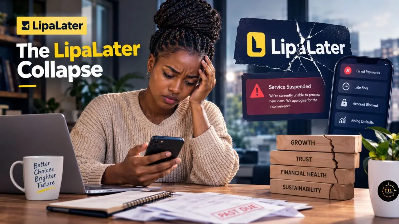 A worried woman looks at her phone beside a laptop, with text reading “The LipaLater Collapse” and warnings about failed payments and account blocks.