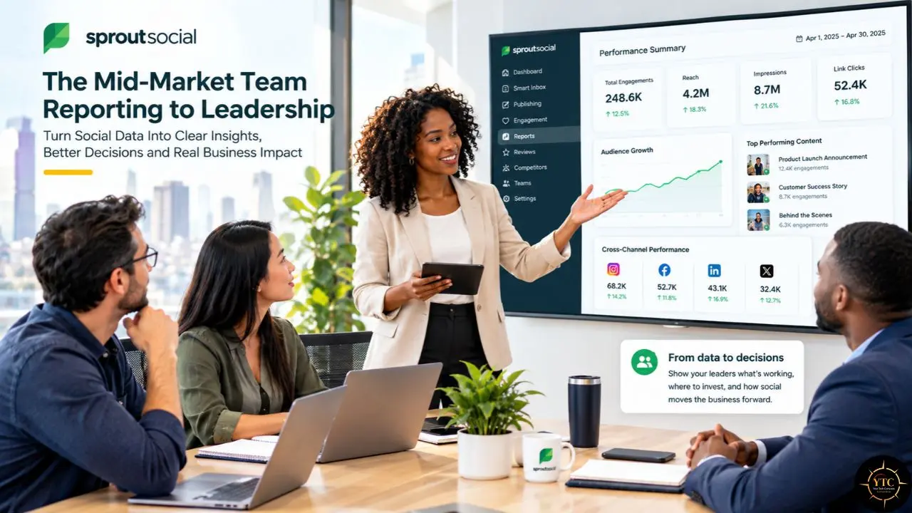 A woman presents a Sprout Social analytics dashboard to colleagues; headline reads “The Mid-Market Team Reporting to Leadership,” with the tagline “Turn Social Data Into Clear Insights, Better Decisions and Real Business Impact.”