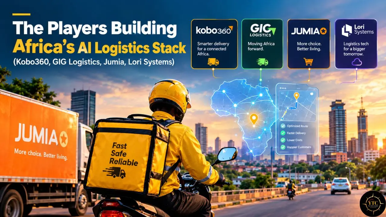 Delivery rider beside a Jumia truck, with an Africa map, city skyline, and text naming Africa’s AI logistics players.