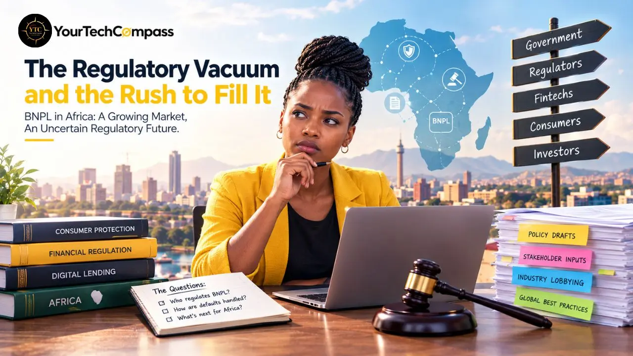 A woman studies a laptop beside a gavel, regulatory books, policy papers, and text reading “The Regulatory Vacuum and the Rush to Fill It.”