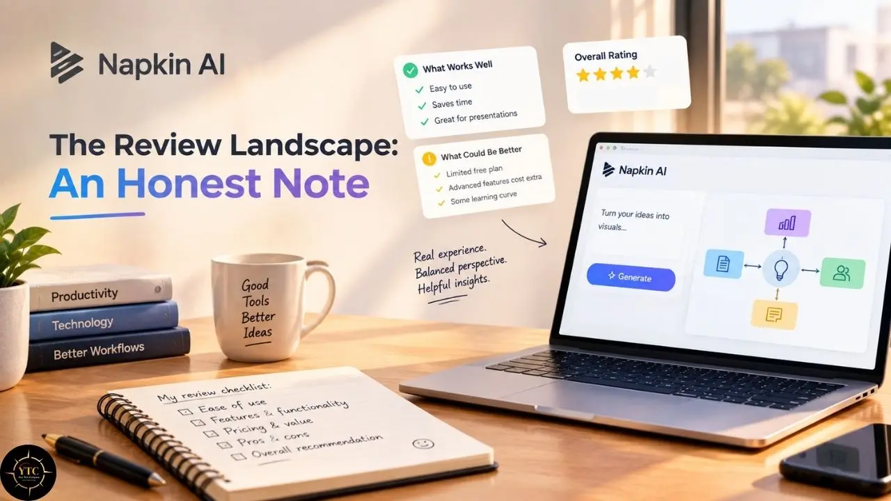 Napkin AI review graphic with headline “The Review Landscape: An Honest Note,” rating cards, laptop interface, notebook, books, and coffee mug.