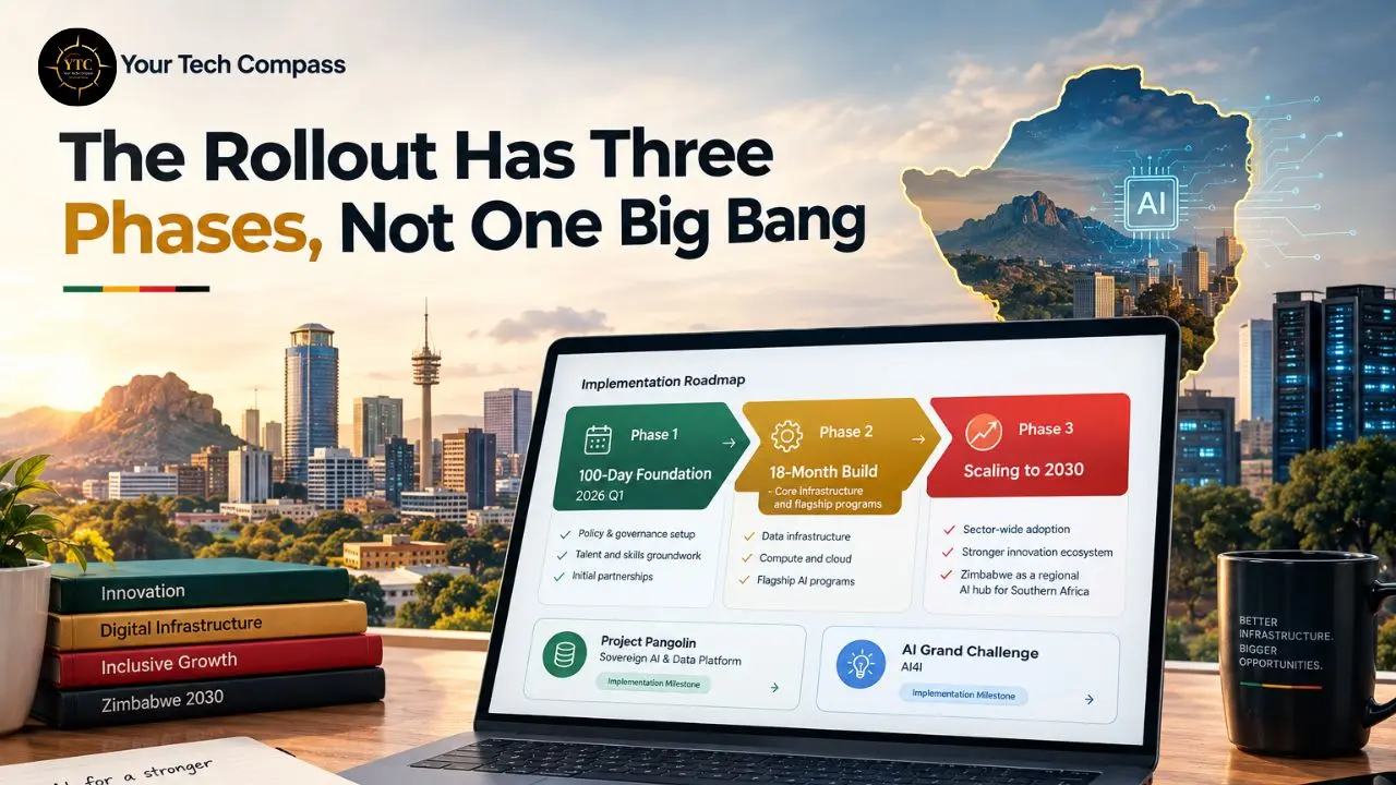 A technology rollout infographic shows a city skyline, an AI-shaped map of Africa, and a laptop displaying a roadmap: Phase 1, 100-Day Foundation; Phase 2, 18-Month Build; Phase 3, Scaling to 2030. The headline reads “The Rollout Has Three Phases, Not One Big Bang.”