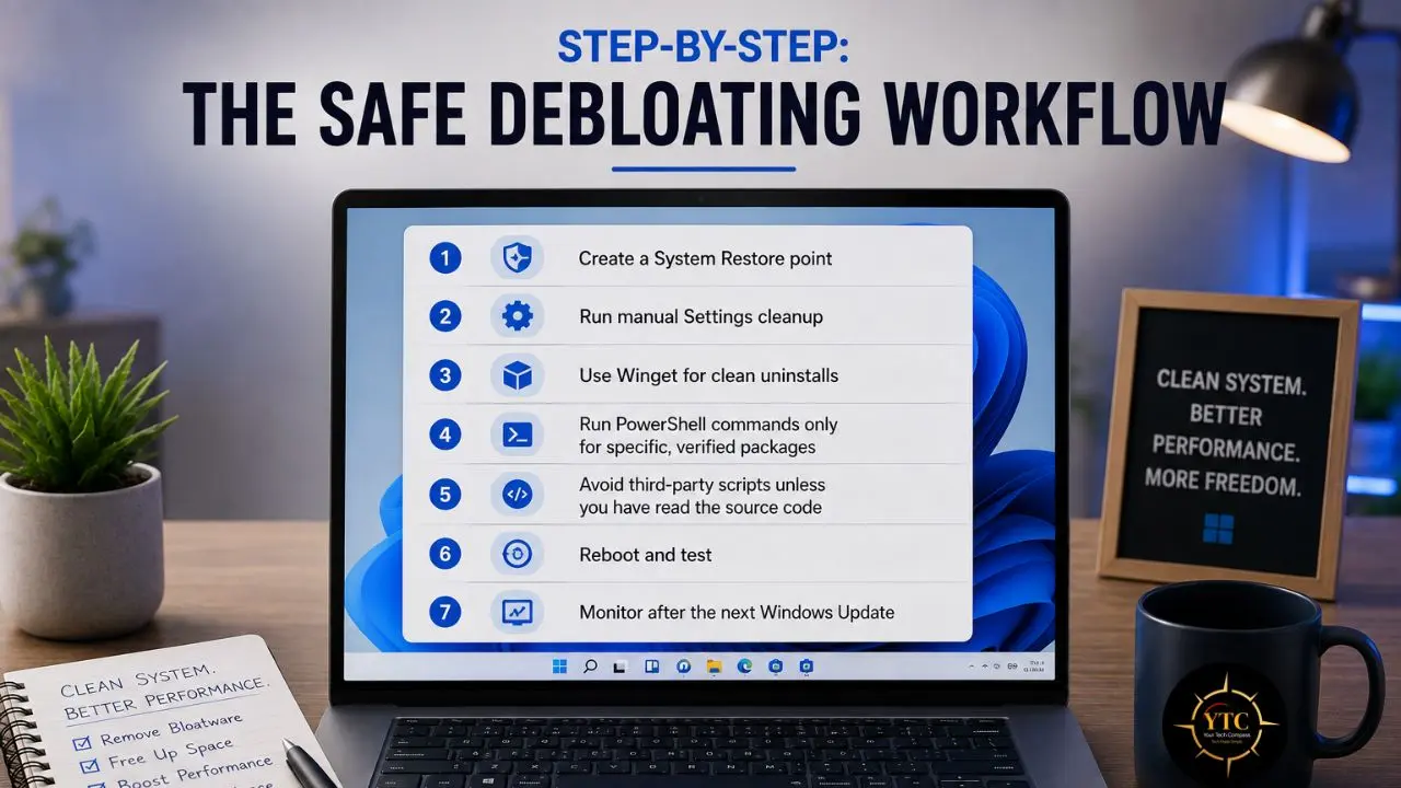 Laptop displays “Step-by-Step: The Safe Debloating Workflow” with seven Windows cleanup steps, beside a plant, notebook, framed sign, and mug.