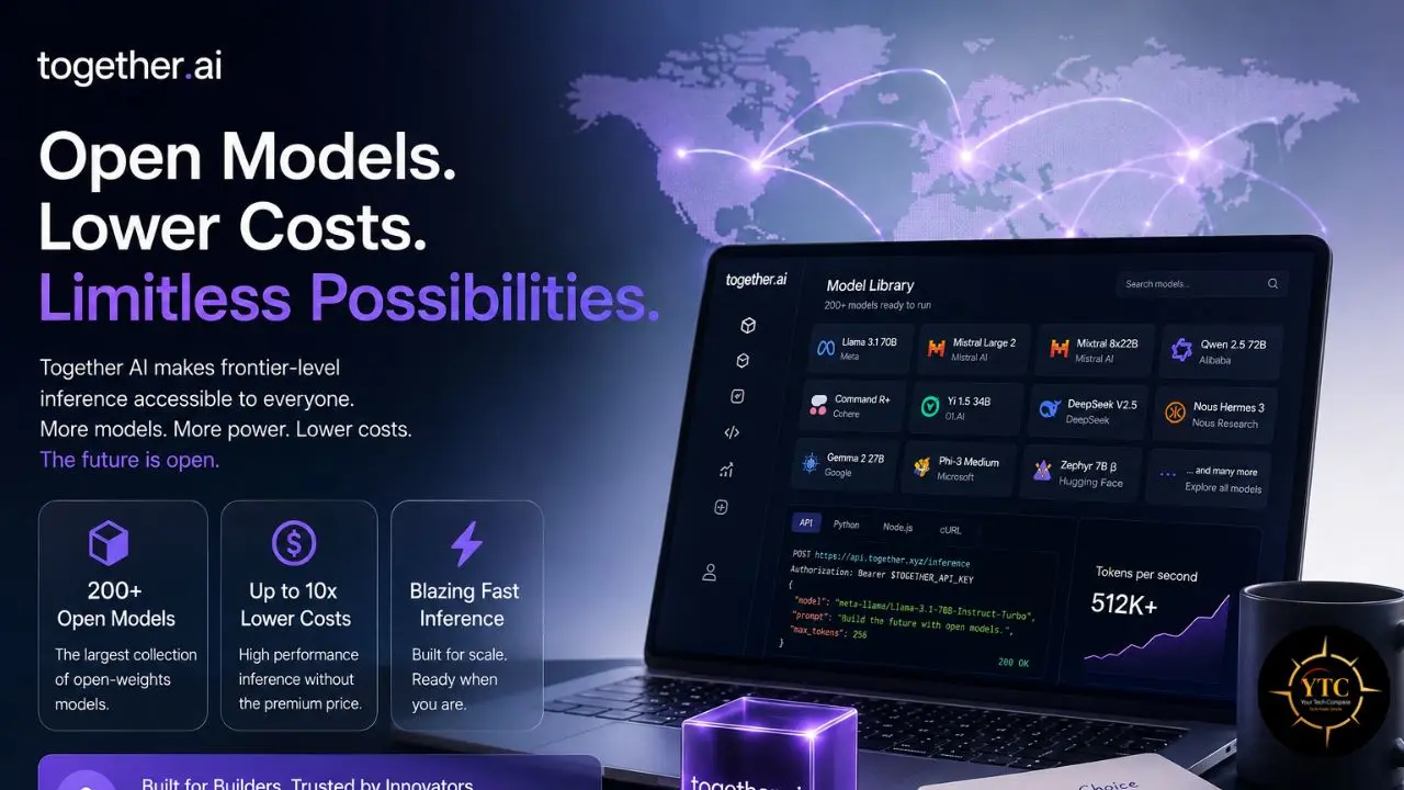Together.ai promotional graphic reading “Open Models. Lower Costs. Limitless Possibilities,” with a laptop showing a model library, world map, and coffee mug.