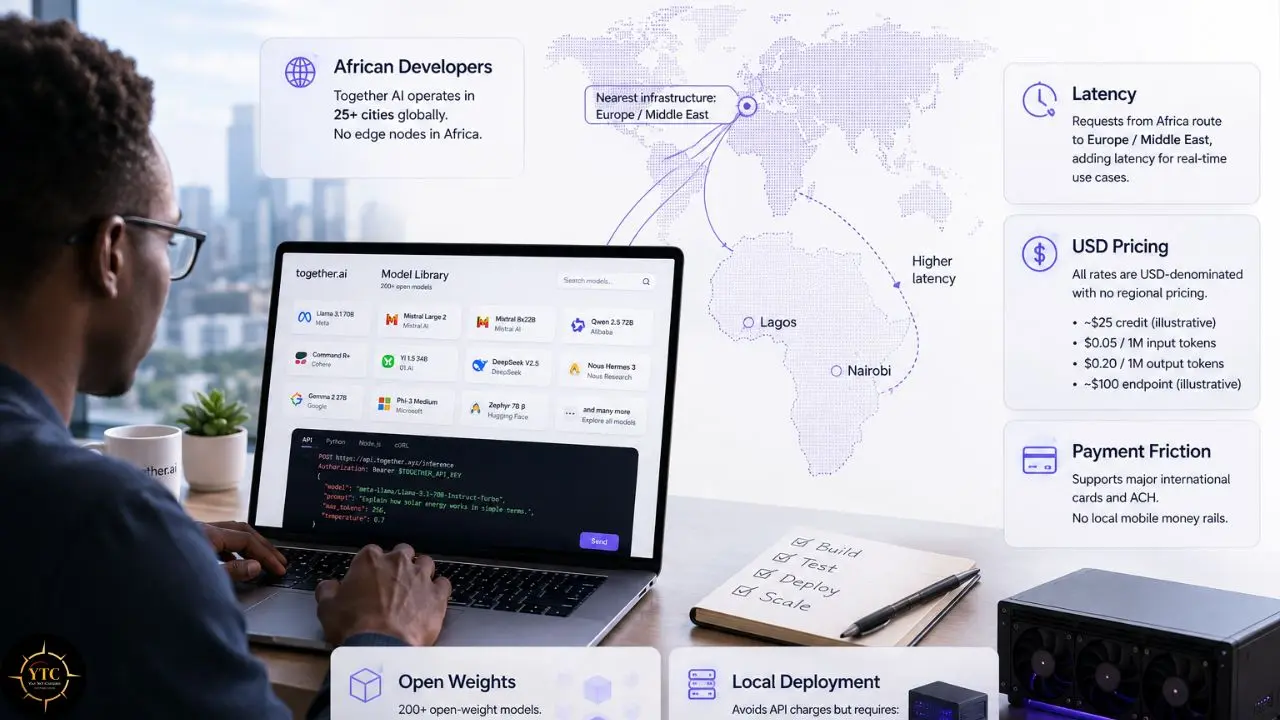 Developer uses a laptop beside an infographic about African developers, latency, USD pricing, payment friction, and local deployment.