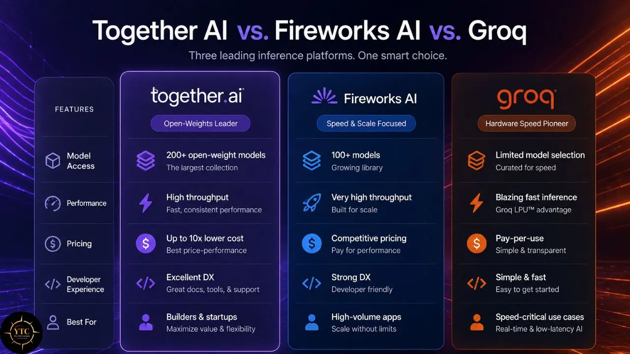 Comparison chart titled “Together AI vs. Fireworks AI vs. Groq,” listing features, model access, performance, pricing, developer experience, and best uses.