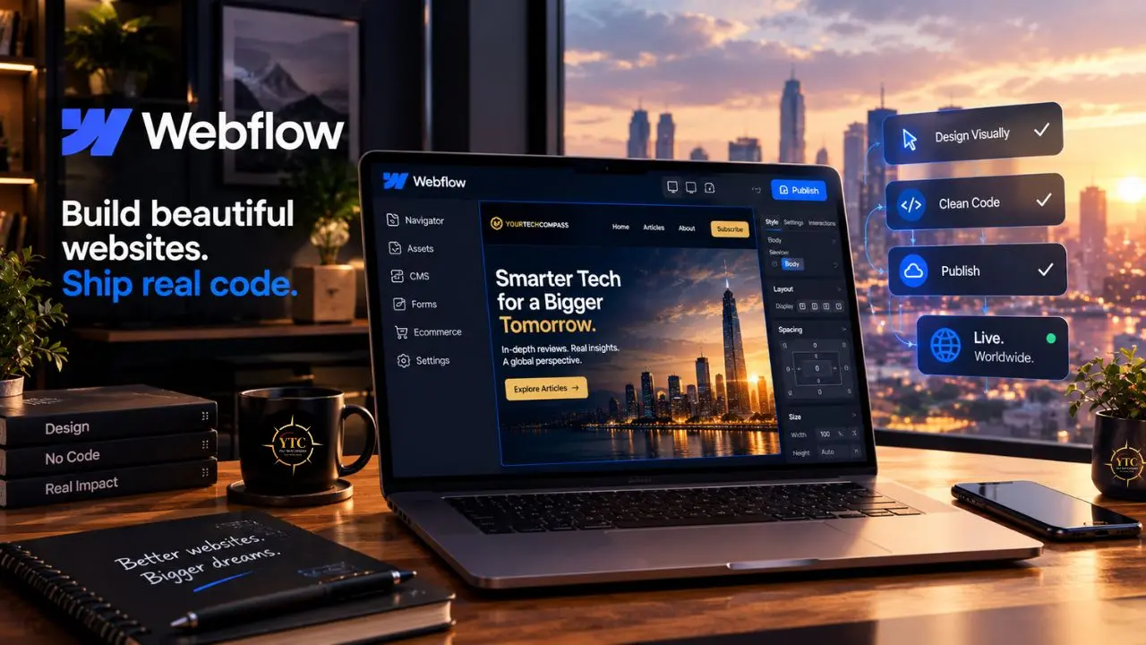 Laptop displaying a Webflow website editor on a desk, with text reading “Build beautiful websites. Ship real code.” and workflow labels.