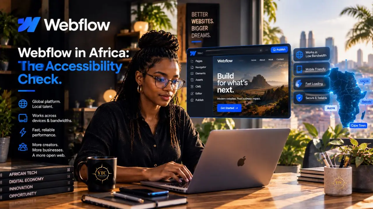 A woman uses a laptop beside Webflow graphics reading “The Accessibility Check” and listing benefits for African cities.