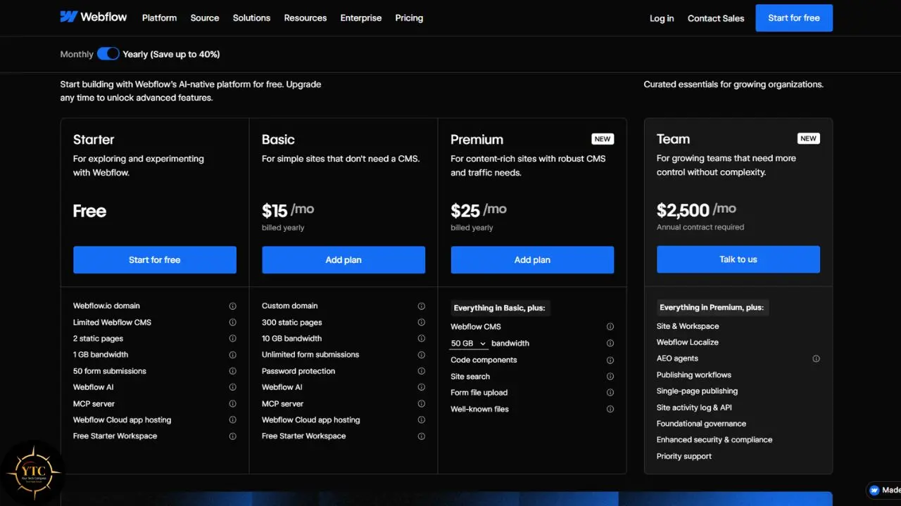 Webflow pricing page showing Starter, Basic, Premium, and Team plans, with prices, features, and blue signup buttons.