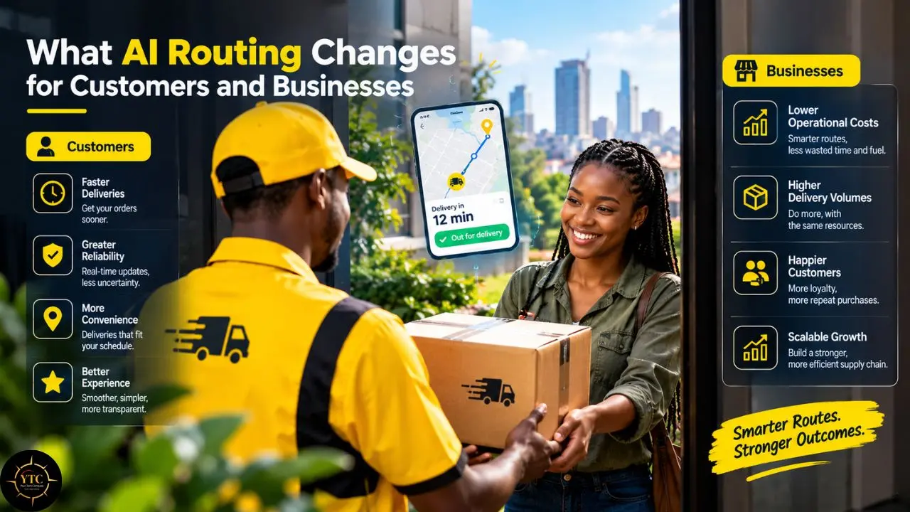 Infographic titled “What AI Routing Changes for Customers and Businesses” shows a courier handing a package to a woman, with a map showing delivery in 12 minutes.