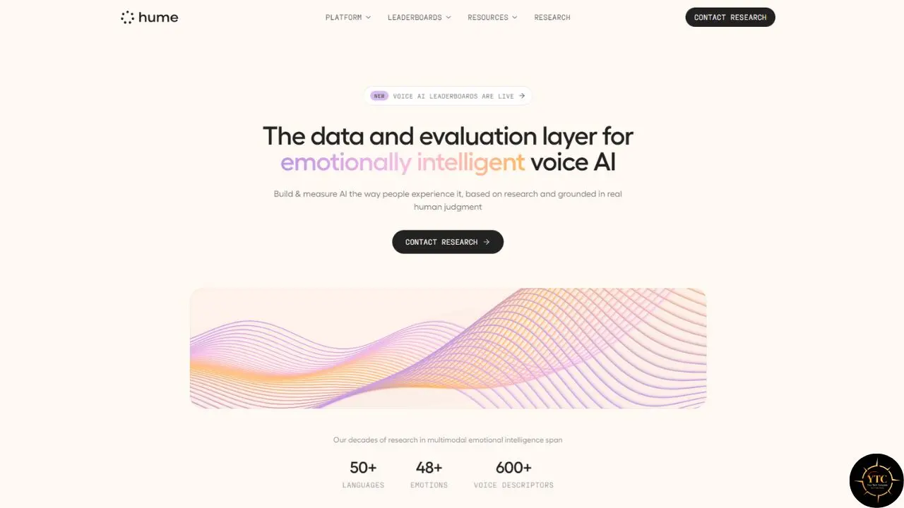 Hume website homepage with the headline “The data and evaluation layer for emotionally intelligent voice AI,” a wave graphic, and research statistics.
