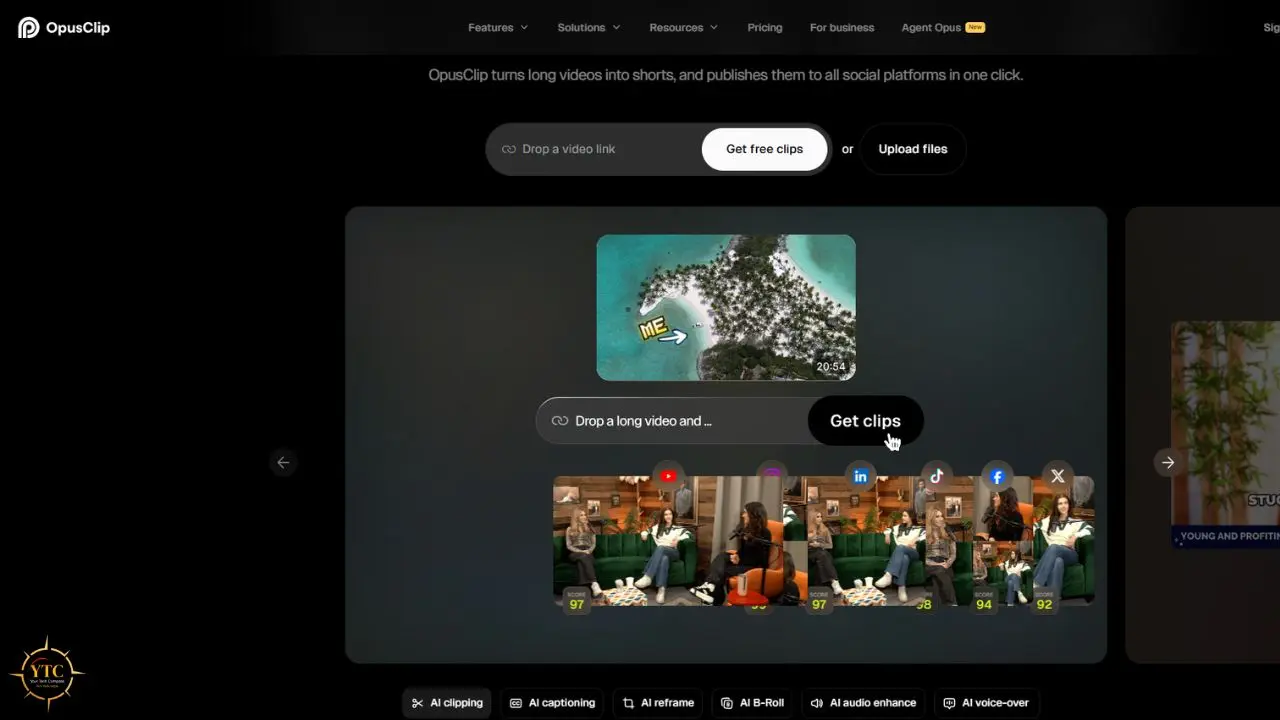 OpusClip website showing a video-upload interface with an island preview, a “Get clips” button, and social media clip thumbnails.