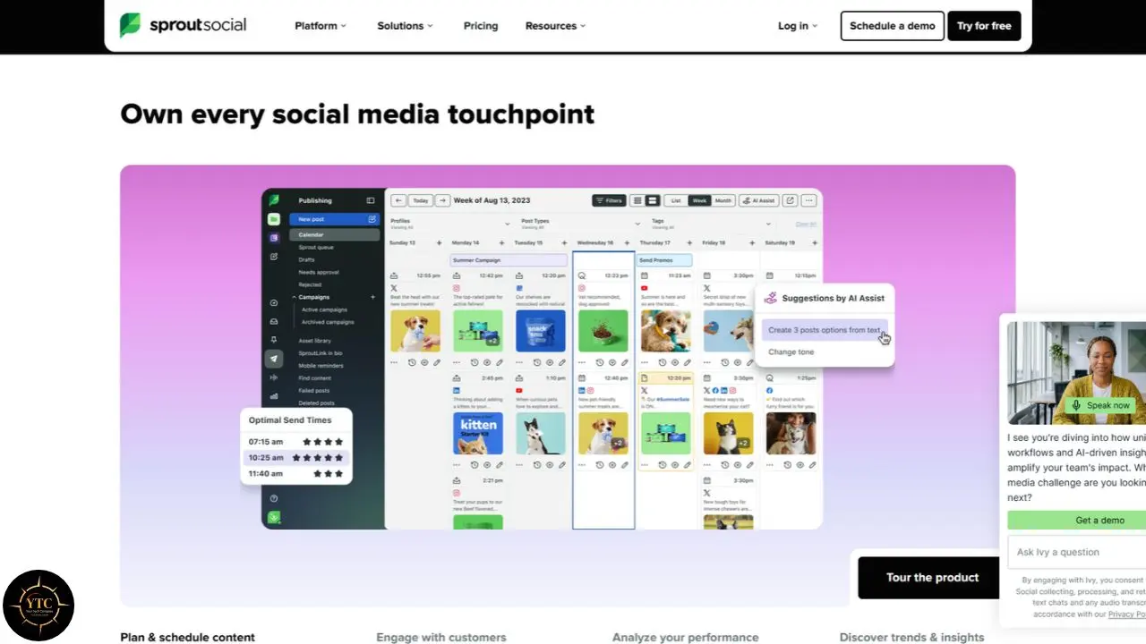 Sprout Social webpage headed “Own every social media touchpoint,” with a post calendar, AI suggestions, optimal send times, and a demo chat.