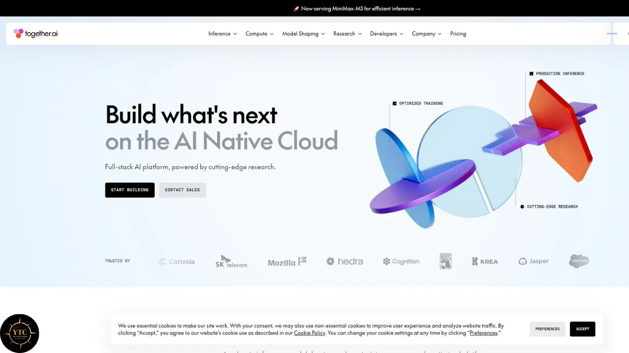 Together AI webpage with the headline “Build what’s next on the AI Native Cloud,” abstract colorful 3D shapes, navigation links, partner logos, and a cookie consent banner.