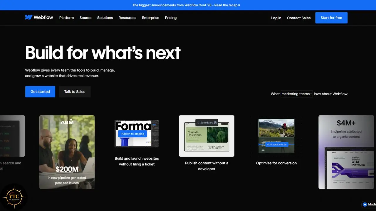 Webflow homepage with the headline “Build for what’s next,” navigation links, call-to-action buttons, and promotional content cards.