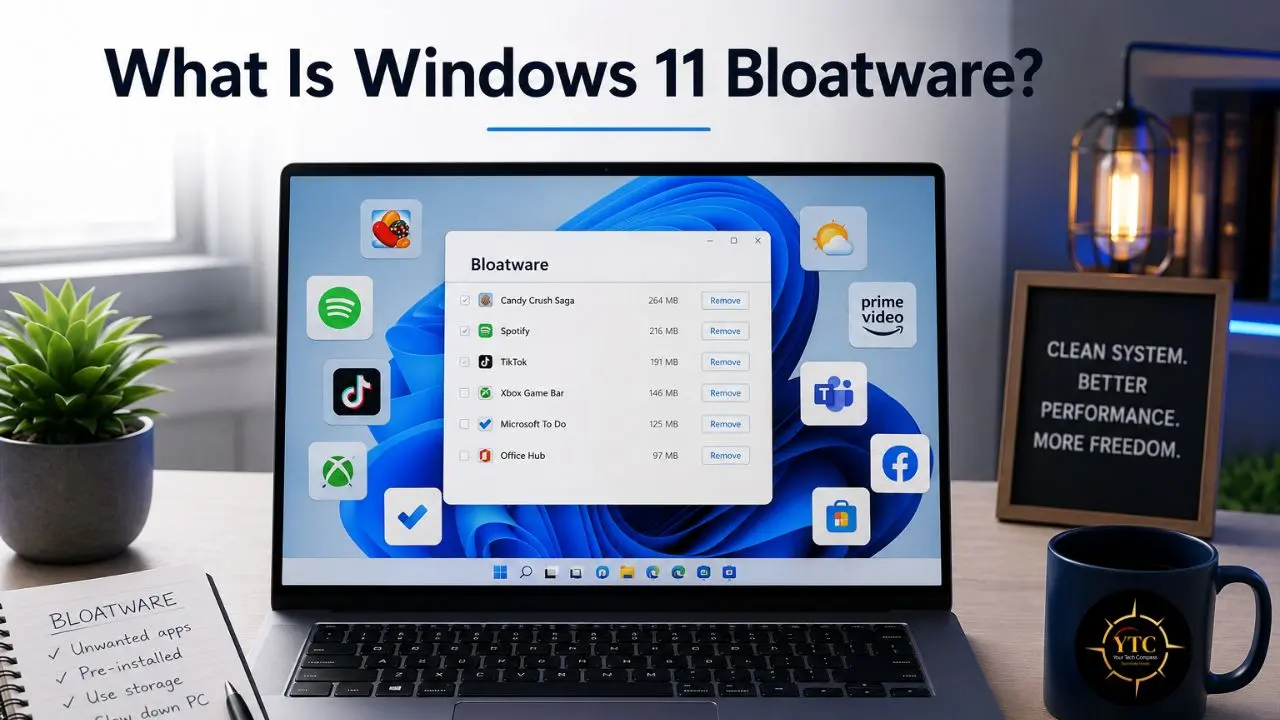 A laptop displays “What Is Windows 11 Bloatware?” with a bloatware list, while a sign reads “Clean system. Better performance. More freedom.”