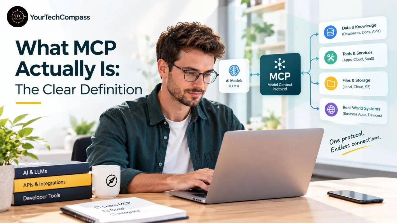 A man works at a laptop beside a diagram explaining MCP, with the headline “What MCP Actually Is: The Clear Definition” and connection categories.