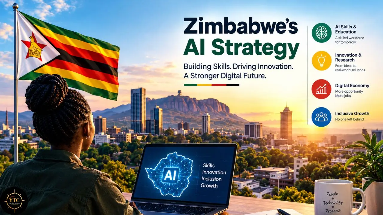 A person faces a laptop overlooking a city at sunset, with Zimbabwe’s flag, a “Zimbabwe AI Strategy” heading, and goals for skills, innovation, inclusion, and growth.