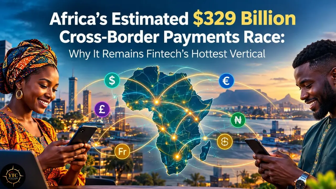 A woman and man use smartphones beside a glowing map of Africa with currency symbols; text reads “Africa’s Estimated $329 Billion Cross-Border Payments Race.”