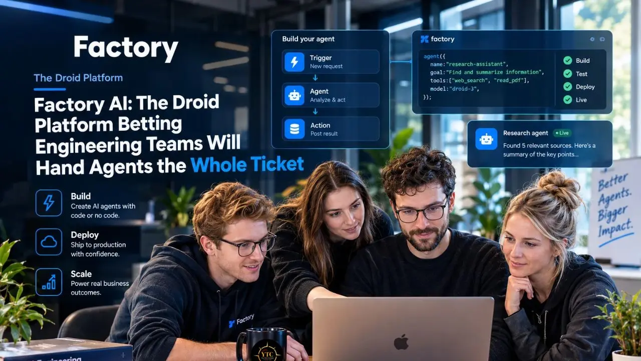 Four coworkers gather around a laptop beneath Factory AI promotional text about building, deploying, and scaling agents, with digital agent workflow panels onscreen.