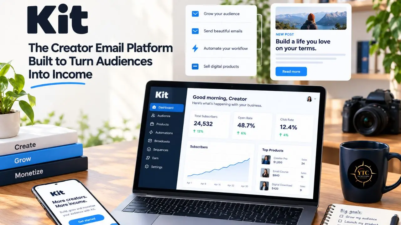 Kit email-marketing platform advertisement shows a laptop dashboard, phone, camera, books, and coffee mug; text reads “The Creator Email Platform Built to Turn Audiences Into Income.”