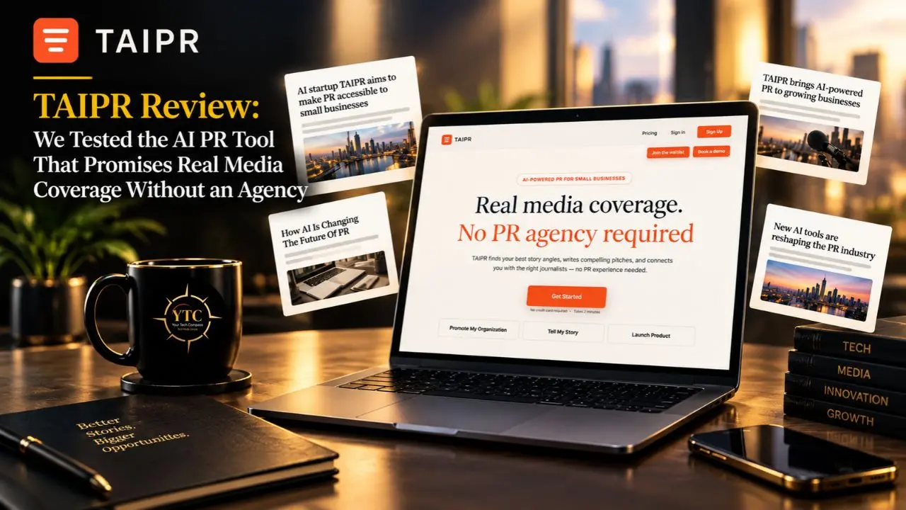 A laptop displays the TAIPR website with “Real media coverage. No PR agency required,” beside a mug, notebook, phone, and PR article cards.