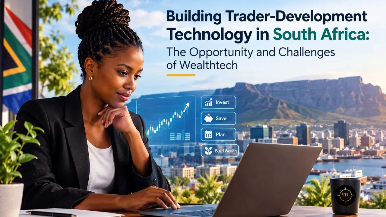 A woman works at a laptop beside a South African flag, with a Cape Town cityscape and finance graphics behind her; headline reads “Building Trader-Development Technology in South Africa: The Opportunity and Challenges of Wealthtech.”