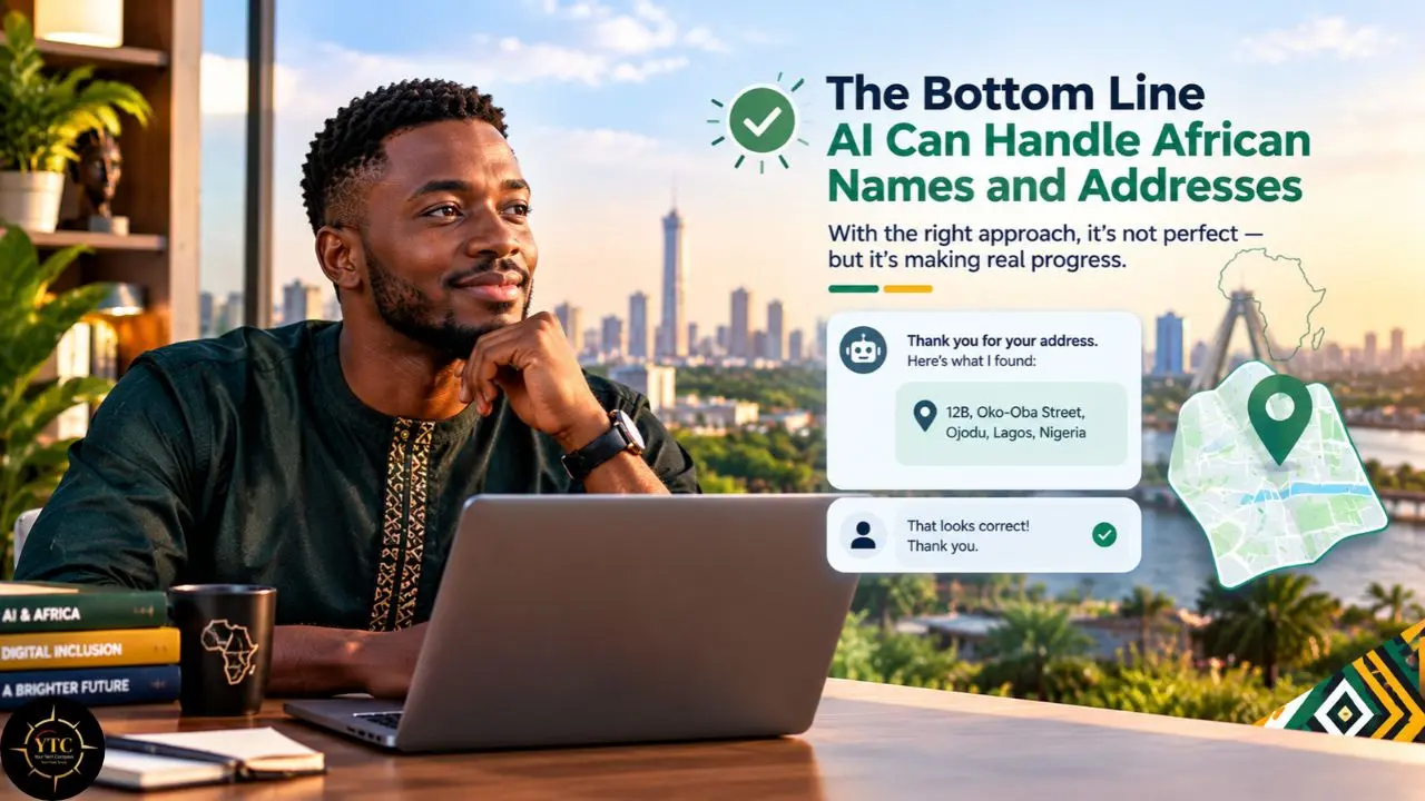 A man works at a laptop beside text reading “AI Can Handle African Names and Addresses,” with an address example for Ojodu, Lagos, Nigeria.