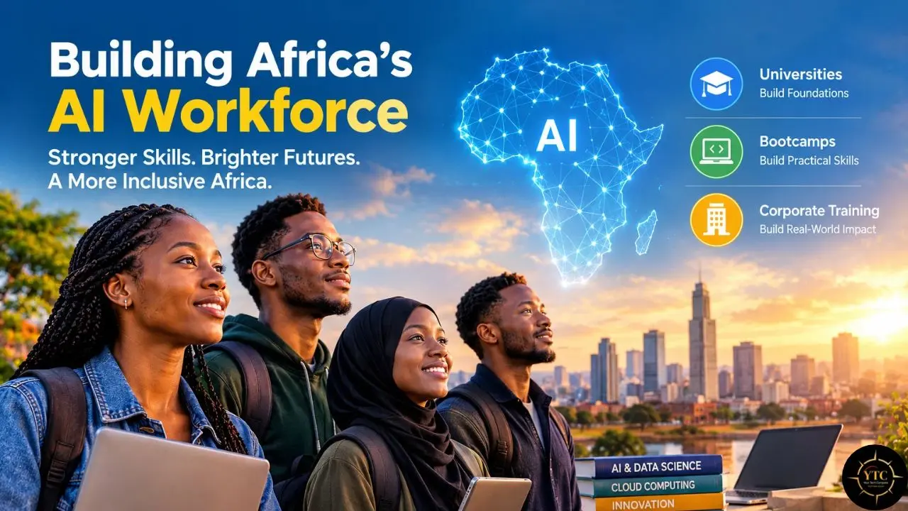 Four young adults with laptops look toward a glowing map of Africa labeled “AI”; text promotes “Building Africa’s AI Workforce” and lists universities, bootcamps, and corporate training.