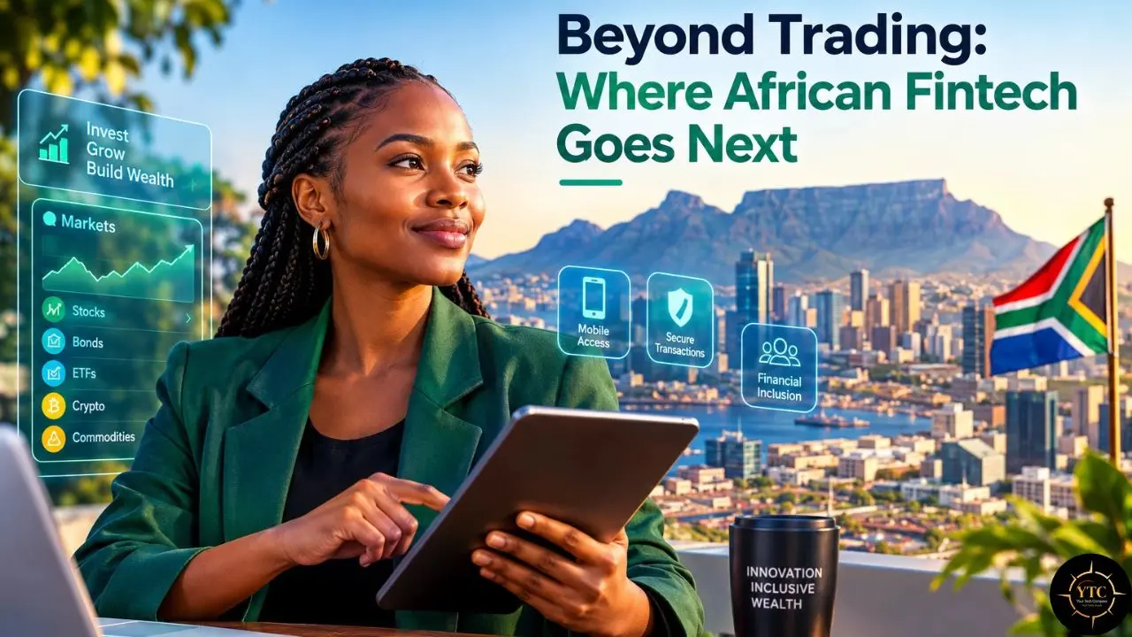 A woman in a green blazer uses a tablet overlooking Cape Town and a South African flag; text reads “Beyond Trading: Where African Fintech Goes Next.”