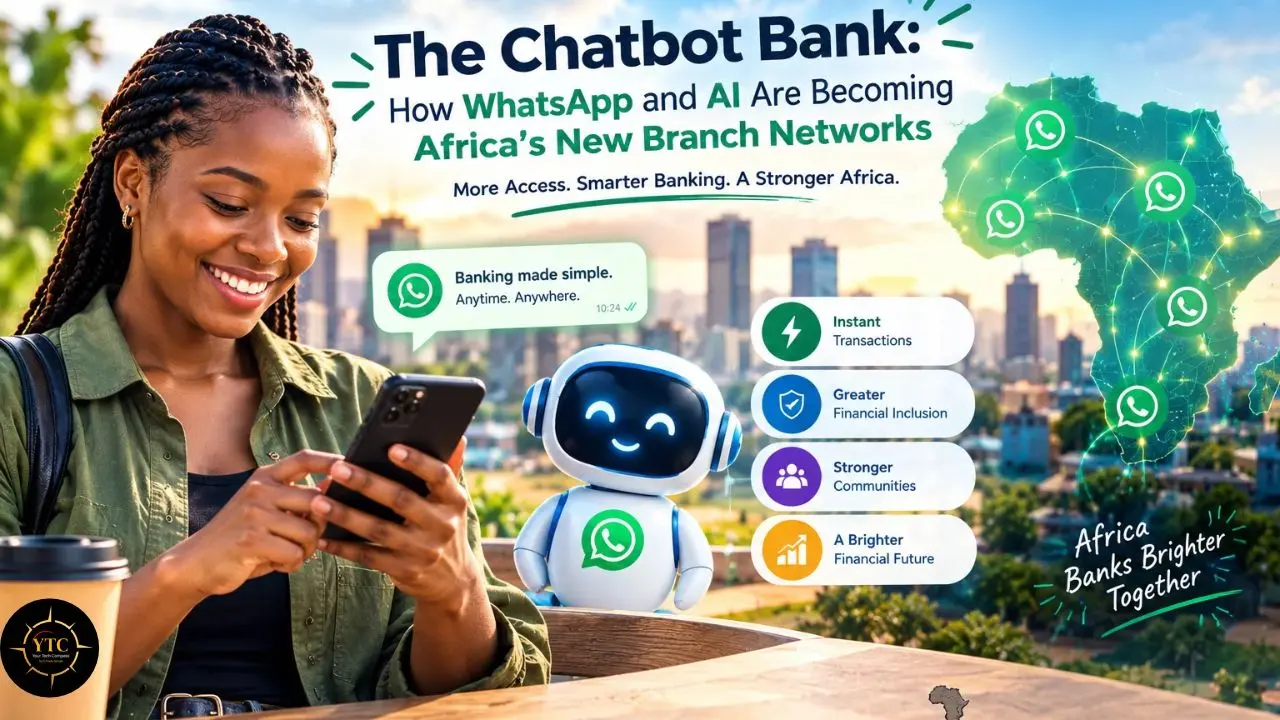 A woman uses a smartphone beside a WhatsApp-branded robot, with a city and Africa map; headline reads “The Chatbot Bank: How WhatsApp and AI Are Becoming Africa’s New Branch Networks.”