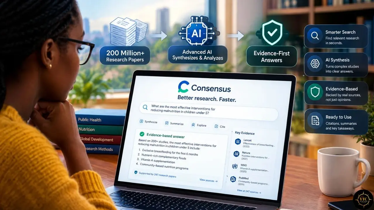 A woman looks at a laptop displaying Consensus research software; graphics describe 200 million-plus papers, AI synthesis, evidence-first answers, and ready-to-use citations.