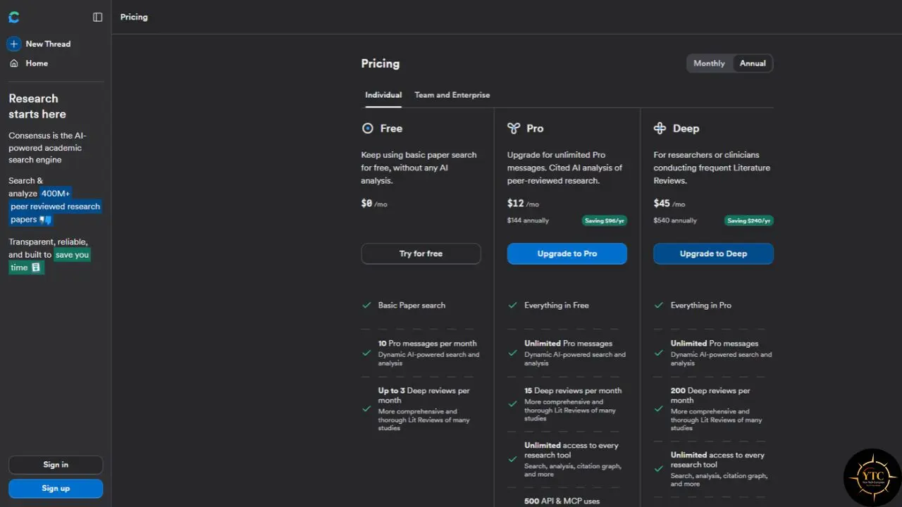 A dark pricing page compares Free, Pro and Deep plans, with monthly and annual billing options, feature lists and blue upgrade buttons.