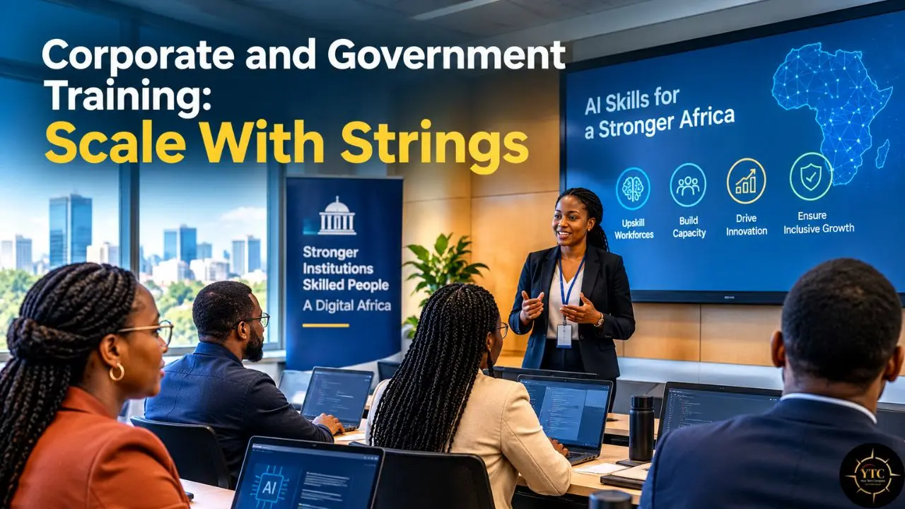 A trainer leads a computer workshop for seated adults; displays read “Corporate and Government Training: Scale With Strings” and “AI Skills for a Stronger Africa.”