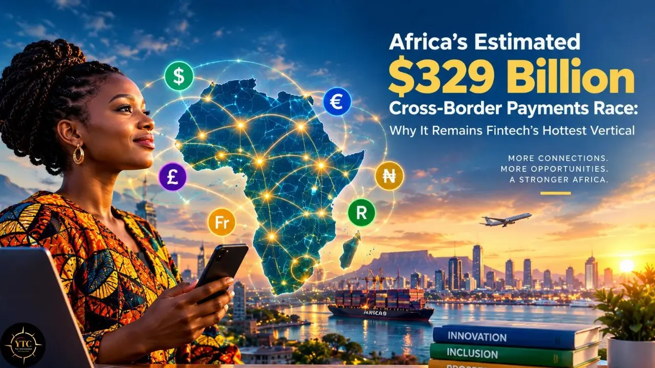 A woman holds a phone beside a glowing map of Africa with currency symbols; text reads “Africa’s Estimated $329 Billion Cross-Border Payments Race.”