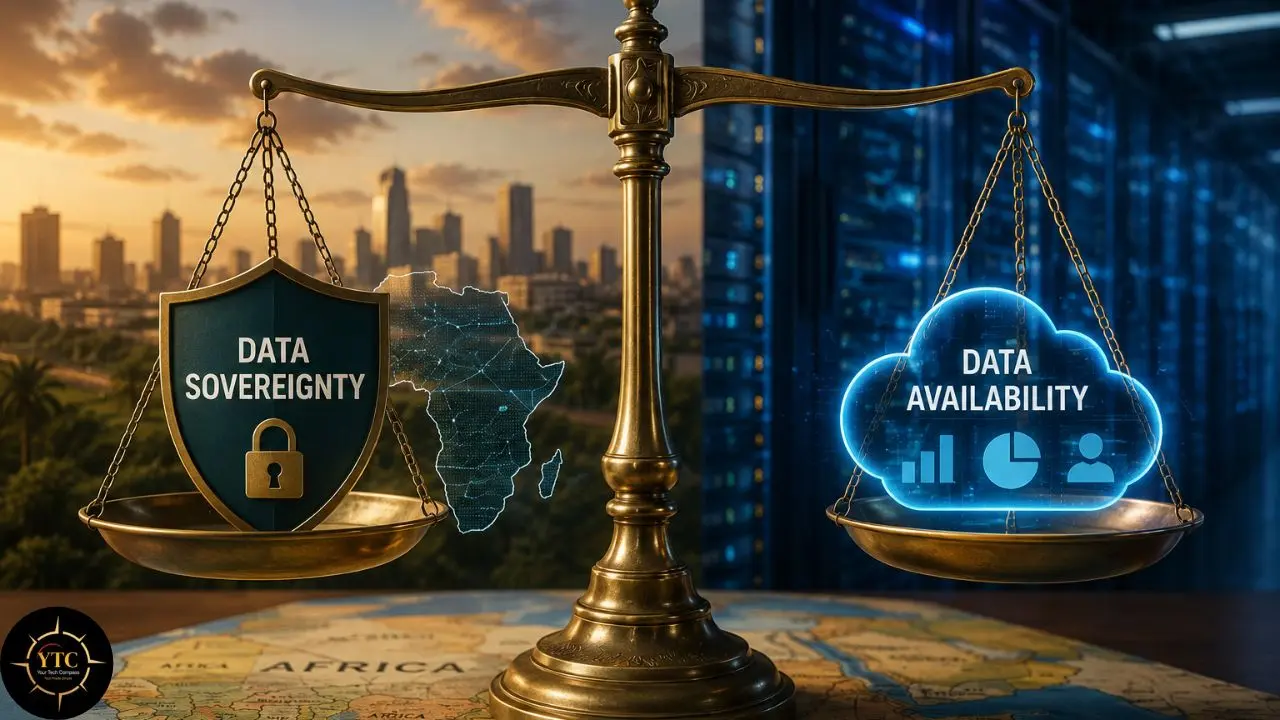 A brass balance scale compares a locked shield labeled “DATA SOVEREIGNTY” with a glowing cloud labeled “DATA AVAILABILITY,” above a map of Africa.