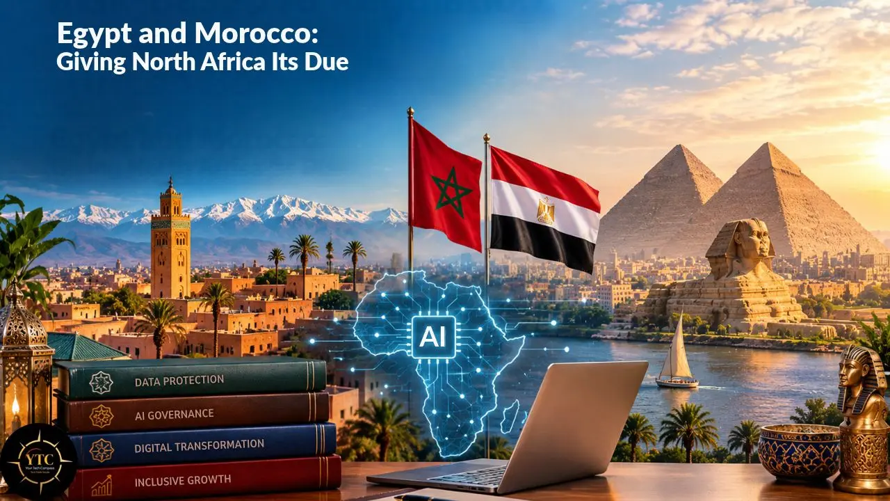 A North Africa-themed graphic shows Moroccan and Egyptian flags, Marrakech and the Giza pyramids, an AI map of Africa, books, and a laptop; text reads “Egypt and Morocco: Giving North Africa Its Due.”