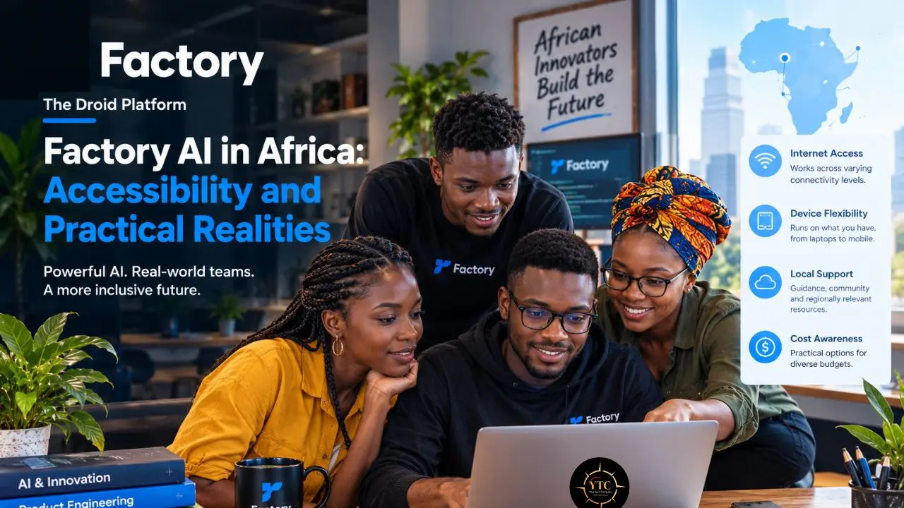 A Factory promotional graphic shows four colleagues gathered around a laptop, with the headline “Factory AI in Africa: Accessibility and Practical Realities” and a panel listing internet access, device flexibility, local support, and cost awareness.