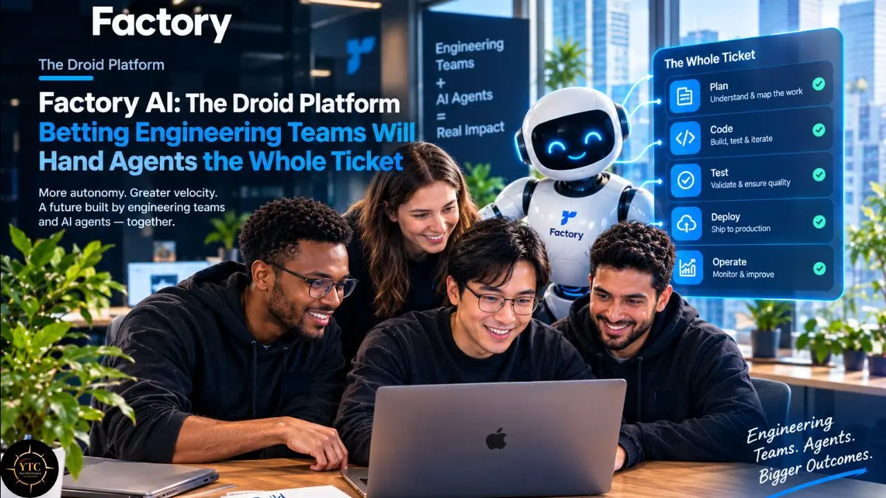 Four engineers and a smiling robot gather around a laptop; headline reads “Factory AI: The Droid Platform” and “Betting Engineering Teams Will Hand Agents the Whole Ticket.”
