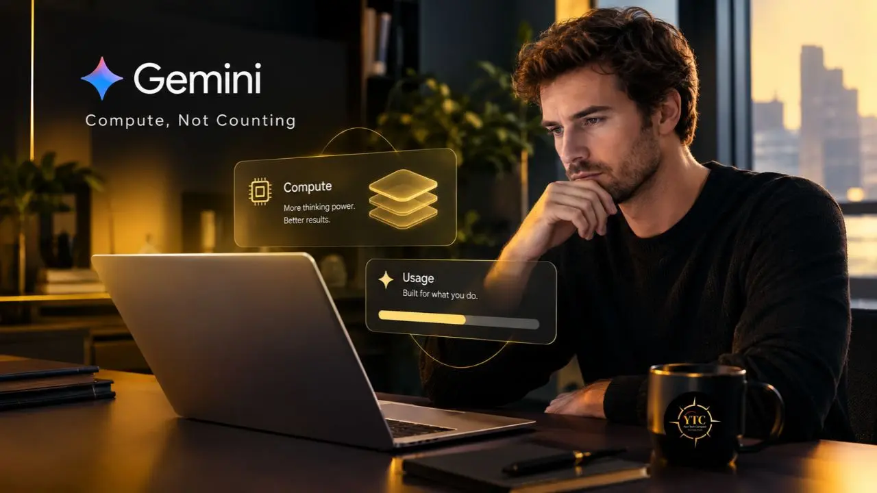 A man sits at a desk using a laptop beside a mug; graphics read “Gemini,” “Compute, Not Counting,” “Compute,” and “Usage.”