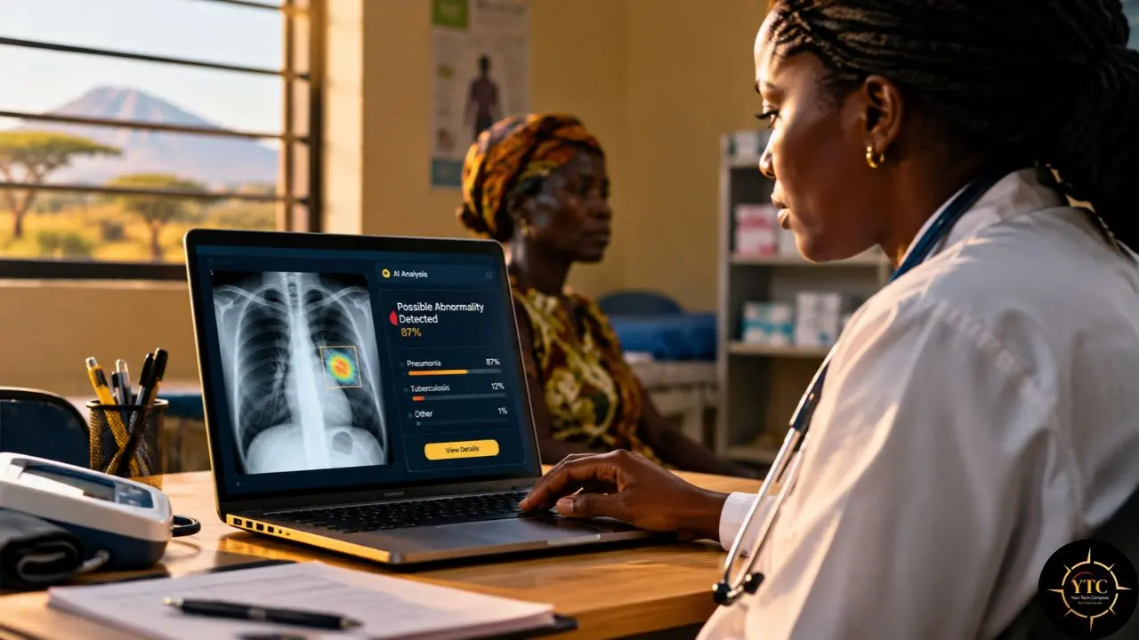A doctor reviews a chest X-ray and an AI analysis on a laptop while speaking with a seated patient; the screen reports a possible abnormality detected.