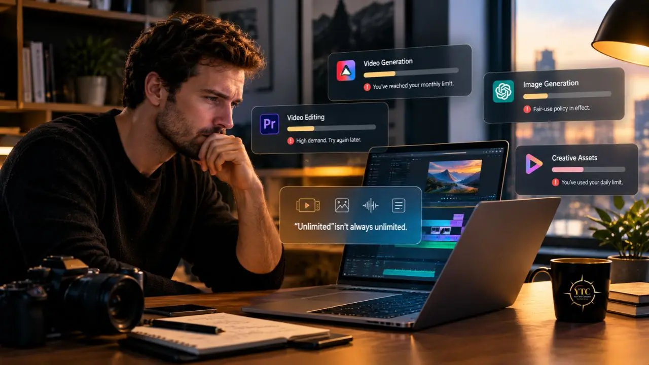 A man sits at a desk beside a camera and laptops, facing usage-limit alerts for video, image, and creative tools; one reads, “Unlimited isn’t always unlimited.”