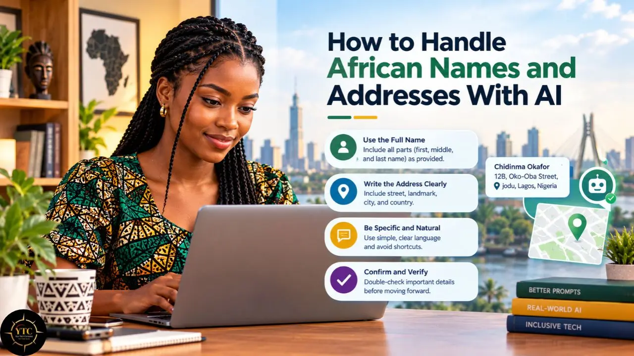 A woman types on a laptop beside an infographic titled “How to Handle African Names and Addresses With AI,” with tips and a sample Lagos address.