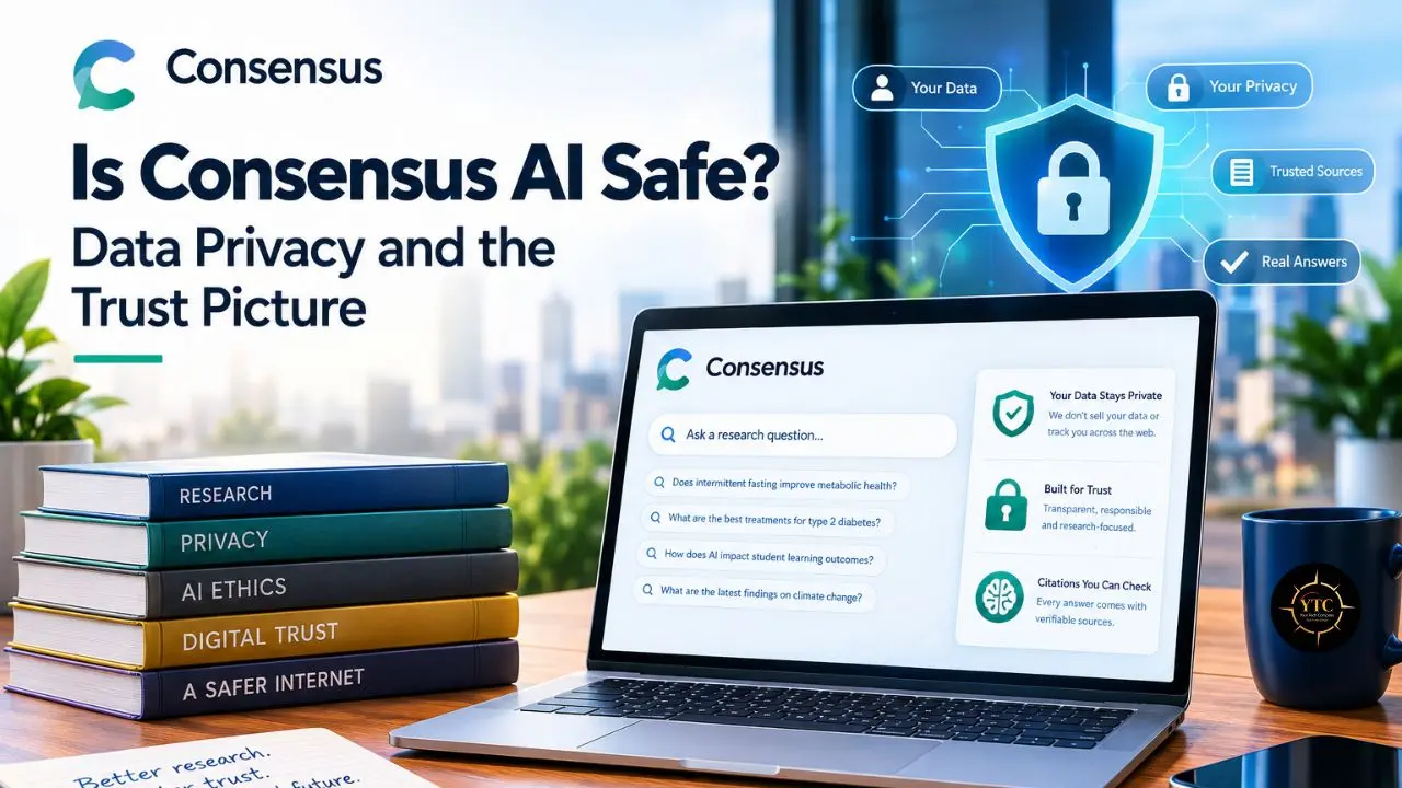 A laptop displays Consensus’s research interface beside books labeled “Research,” “Privacy,” “AI Ethics,” “Digital Trust,” and “A Safer Internet,” under the headline “Is Consensus AI Safe? Data Privacy and the Trust Picture.”