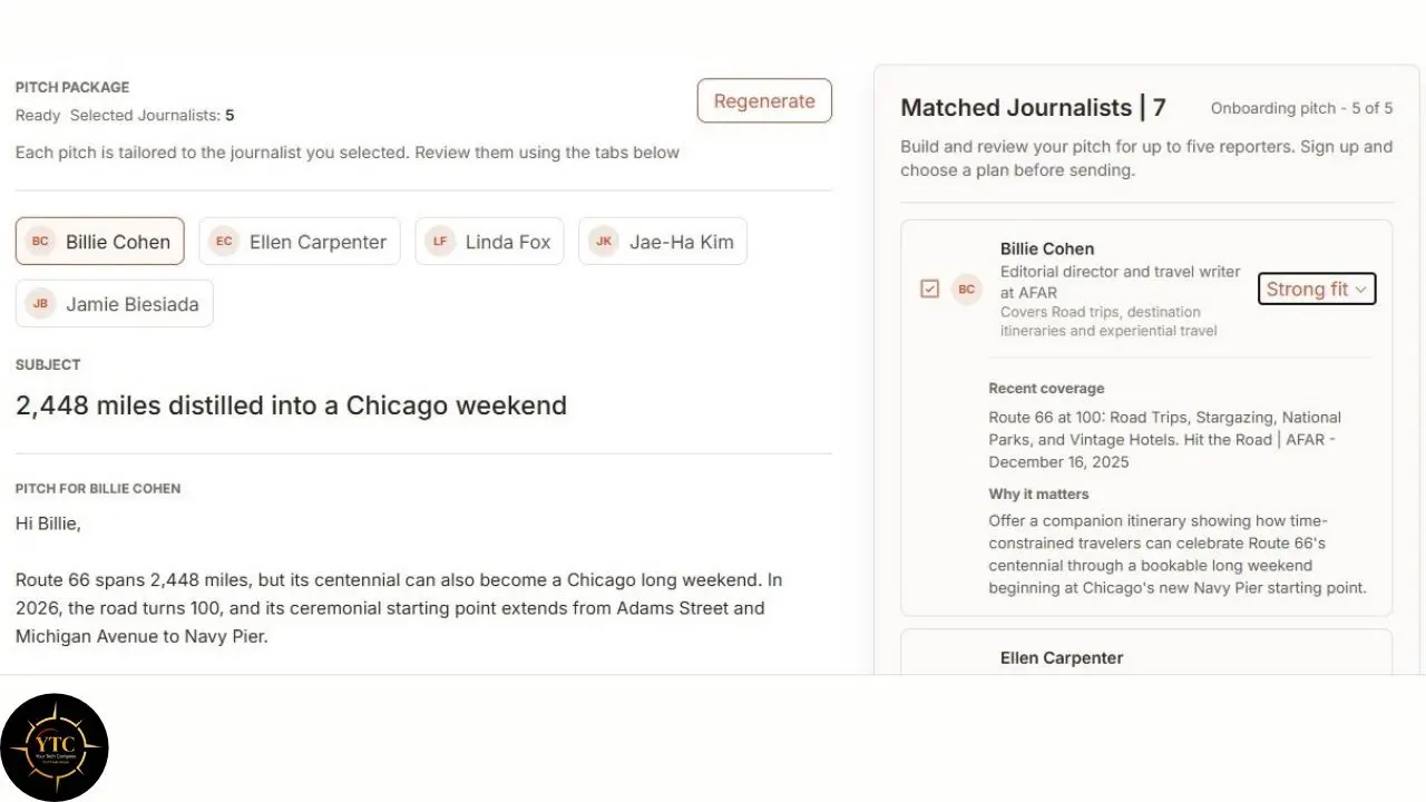 A pitch-writing dashboard shows “2,448 miles distilled into a Chicago weekend,” with Billie Cohen selected and journalist matches listed at right.