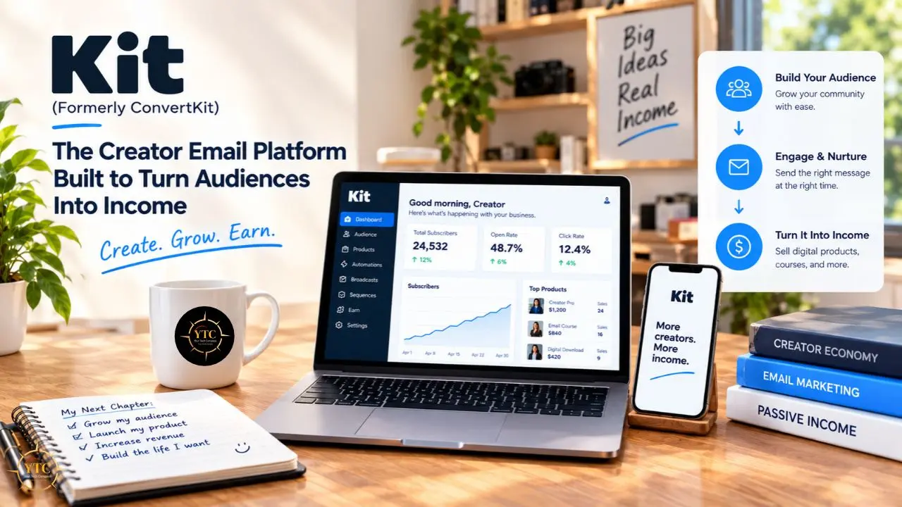 A desk displays Kit email marketing software on a laptop and phone, with a mug, notebook, and books; text reads “The Creator Email Platform Built to Turn Audiences Into Income.”